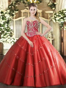  Red Lace Up Sweetheart Beading and Appliques Quinceanera Gown Tulle Sleeveless