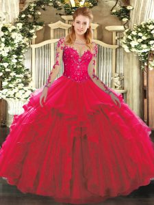  Long Sleeves Tulle Floor Length Lace Up Sweet 16 Dress in Red with Lace and Ruffles