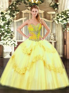 Fashionable Yellow Lace Up Sweetheart Beading and Ruffles Sweet 16 Dress Tulle Sleeveless