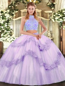 Fine Lavender Sleeveless Tulle Lace Up Quinceanera Gown for Military Ball and Sweet 16 and Quinceanera