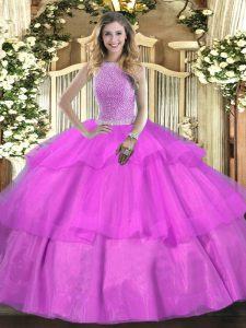 Graceful Tulle High-neck Sleeveless Lace Up Beading and Ruffled Layers Ball Gown Prom Dress in Lilac