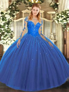 Affordable Floor Length Blue Quinceanera Dress Tulle Long Sleeves Lace
