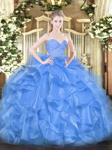  Baby Blue Ball Gowns Organza Sweetheart Sleeveless Beading and Lace and Ruffles Floor Length Zipper Quince Ball Gowns