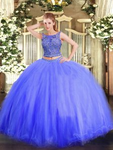  Blue Tulle Lace Up Scoop Sleeveless Floor Length Ball Gown Prom Dress Beading