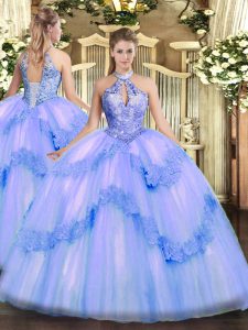 Perfect Floor Length Lace Up Quinceanera Gown Blue for Military Ball and Sweet 16 and Quinceanera with Appliques and Sequins