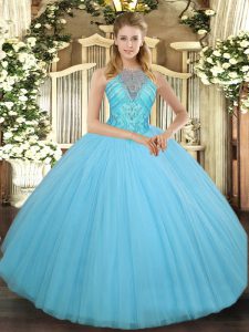  Aqua Blue Tulle Lace Up High-neck Sleeveless Floor Length Quinceanera Gowns Beading