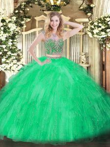  Green Sweet 16 Dresses Military Ball and Sweet 16 and Quinceanera with Beading and Ruffles Scoop Sleeveless Lace Up