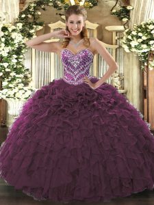 Eye-catching Burgundy Sleeveless Floor Length Beading and Ruffled Layers Lace Up Quinceanera Gown