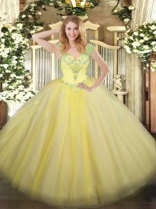 Modern Light Yellow Sleeveless Tulle Lace Up Quinceanera Gown for Military Ball and Sweet 16 and Quinceanera
