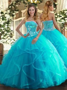Deluxe Sleeveless Floor Length Beading and Ruffles Lace Up Sweet 16 Quinceanera Dress with Aqua Blue