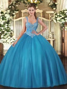 Comfortable Sleeveless Floor Length Beading Lace Up 15th Birthday Dress with Teal 