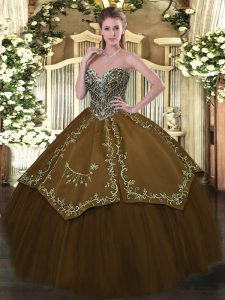  Brown Taffeta and Tulle Lace Up 15 Quinceanera Dress Sleeveless Floor Length Beading and Embroidery