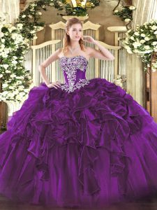  Strapless Sleeveless 15th Birthday Dress Floor Length Beading and Ruffles Dark Purple Organza