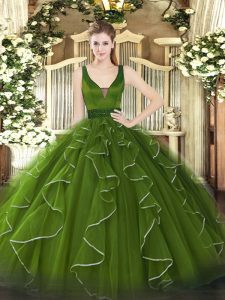  Olive Green Lace Up Sweet 16 Quinceanera Dress Beading and Ruffles Sleeveless Floor Length