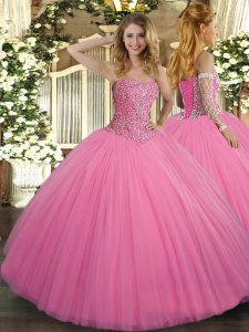  Rose Pink Tulle Lace Up Sweetheart Sleeveless Floor Length Sweet 16 Dress Beading