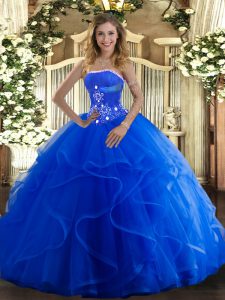 Romantic Blue Ball Gown Prom Dress Military Ball and Sweet 16 and Quinceanera with Beading and Ruffles Strapless Sleeveless Lace Up