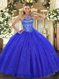  Royal Blue Sweet 16 Quinceanera Dress Military Ball and Sweet 16 and Quinceanera with Beading and Embroidery Halter Top Sleeveless Lace Up