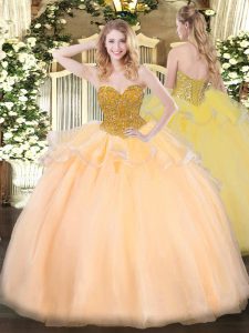 On Sale Sleeveless Floor Length Beading Lace Up Sweet 16 Quinceanera Dress with Orange Red