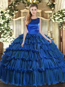  Scoop Sleeveless Quinceanera Gowns Floor Length Ruffled Layers Royal Blue Organza