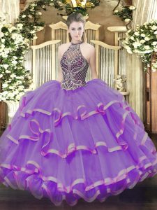  Organza Halter Top Sleeveless Lace Up Beading and Ruffles 15 Quinceanera Dress in Eggplant Purple