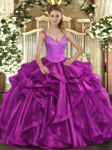 Amazing Ball Gowns Quince Ball Gowns Fuchsia Straps Organza Sleeveless Floor Length Lace Up