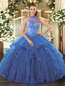 Colorful Halter Top Sleeveless Quinceanera Gown Floor Length Beading and Embroidery and Ruffles Blue Organza