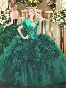 Dark Green Ball Gowns Organza Sweetheart Sleeveless Beading and Ruffles Floor Length Lace Up 15 Quinceanera Dress