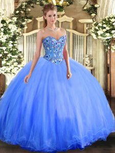 Delicate Sweetheart Sleeveless 15 Quinceanera Dress Floor Length Embroidery Blue Organza and Tulle