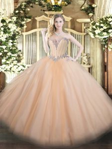 Flirting Peach Tulle Lace Up 15th Birthday Dress Sleeveless Floor Length Beading