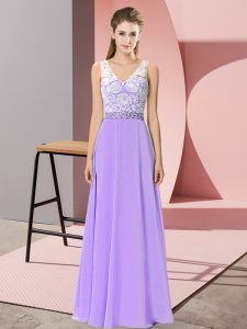On Sale Lavender Empire Chiffon V-neck Sleeveless Beading Floor Length Backless Prom Party Dress