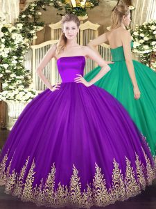 Glamorous Ball Gowns Quinceanera Dress Purple Strapless Tulle Sleeveless Floor Length Zipper