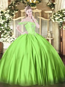 Lovely Off The Shoulder Sleeveless Quince Ball Gowns Floor Length Beading Satin