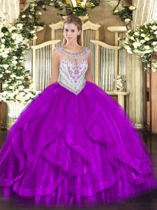  Beading and Ruffles Ball Gown Prom Dress Eggplant Purple Zipper Sleeveless Floor Length
