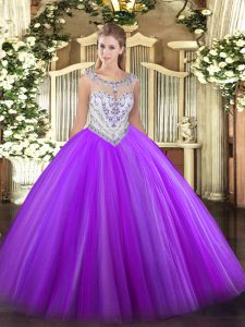 Latest Tulle Scoop Sleeveless Zipper Beading Ball Gown Prom Dress in Eggplant Purple
