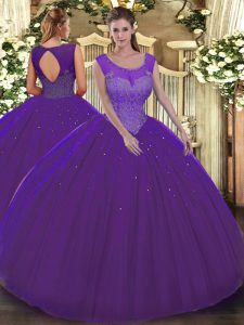  Floor Length Purple Vestidos de Quinceanera Scoop Sleeveless Backless