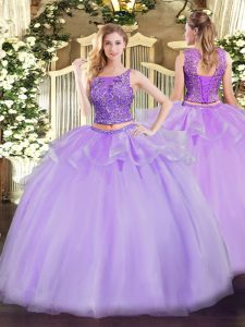  Two Pieces 15th Birthday Dress Lavender Scoop Organza Sleeveless Floor Length Lace Up