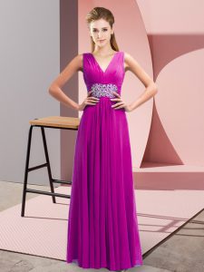  Fuchsia Sleeveless Floor Length Beading and Ruching Side Zipper Prom Evening Gown