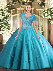  Aqua Blue Ball Gowns Scoop Sleeveless Tulle Floor Length Clasp Handle Beading and Appliques 15th Birthday Dress