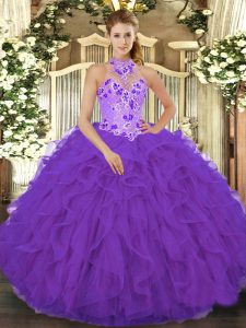 Latest Purple Halter Top Lace Up Beading and Embroidery and Ruffles Sweet 16 Dress Sleeveless