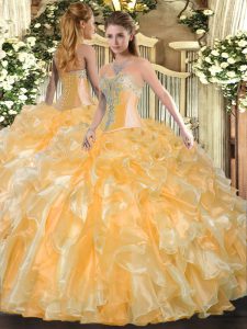 Cute Beading and Ruffles Sweet 16 Dress Gold Lace Up Sleeveless Floor Length
