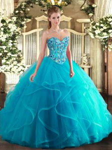 Wonderful Sleeveless Floor Length Embroidery and Ruffles Lace Up Quince Ball Gowns with Aqua Blue