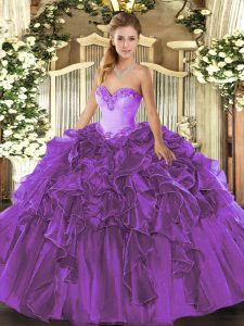 Super Sleeveless Floor Length Beading and Ruffles Lace Up Ball Gown Prom Dress with Purple