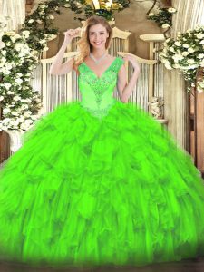 Clearance Ball Gowns 15th Birthday Dress V-neck Organza Sleeveless Floor Length Lace Up