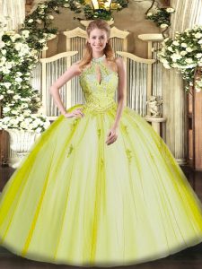 Pretty Yellow Green Ball Gowns Tulle Halter Top Sleeveless Appliques Floor Length Lace Up Sweet 16 Dresses