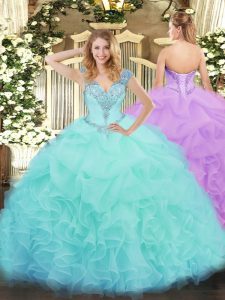Hot Sale Floor Length Lace Up Quinceanera Gown Aqua Blue for Military Ball and Sweet 16 and Quinceanera with Ruffles