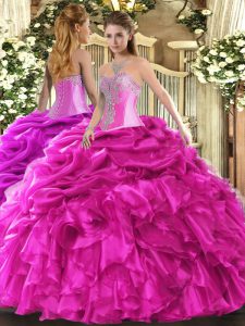 Delicate Hot Pink Lace Up Sweetheart Beading and Ruffles and Pick Ups Quinceanera Dress Organza Sleeveless