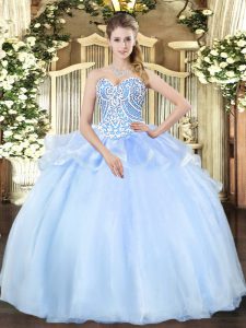 Fine Light Blue Ball Gowns Sweetheart Sleeveless Organza Floor Length Lace Up Beading Quinceanera Gown