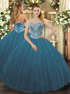  Teal Tulle Lace Up Quinceanera Dresses Sleeveless Floor Length Beading