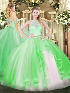 Adorable Tulle Scoop Sleeveless Zipper Lace and Ruffles Quinceanera Dress in Green