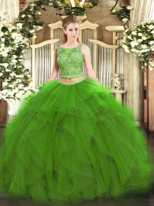  Green Two Pieces Tulle Scoop Sleeveless Beading and Ruffles Floor Length Lace Up Quinceanera Gown